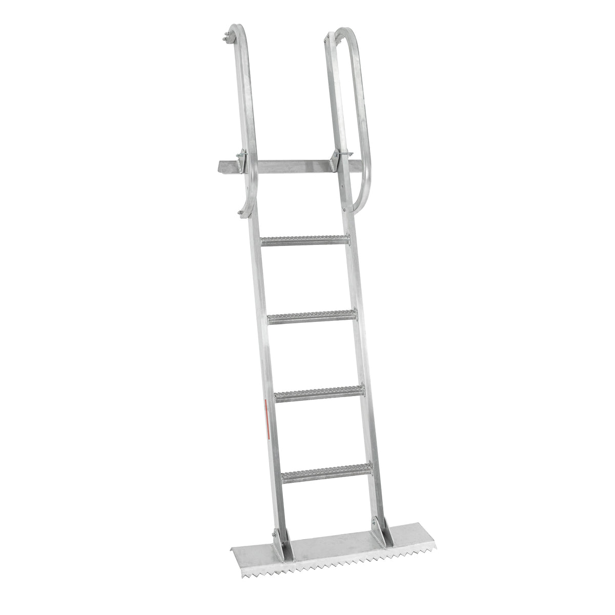 A silver construction ladder with non-slip steps, a swivel base, and clawed feet.