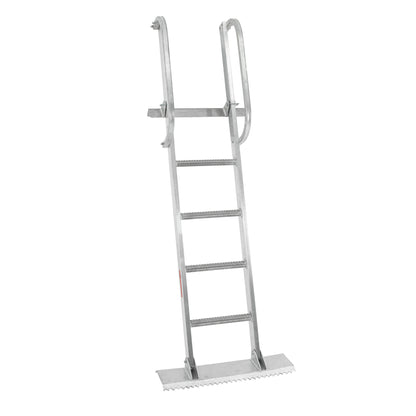 A silver construction ladder with non-slip steps, a swivel base, and clawed feet.